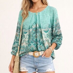 Women's Size M Teal Paisley Boho Coastal Blouse Teal Flowy Peasant Light Top